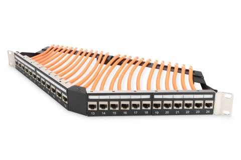 Digitus Panel krosowy (patch panel) kątowy 19" 24x keystone, ekranowany, 1U, czarny, prowadnica kabli, pola opisowe