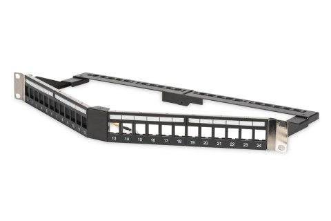 Digitus Panel krosowy (patch panel) kątowy 19" 24x keystone, ekranowany, 1U, czarny, prowadnica kabli, pola opisowe