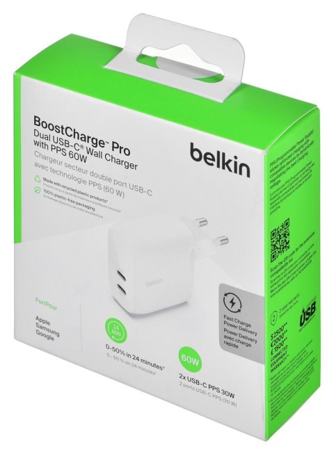 Ładowarka Belkin BoostCharge Pro Dual USB-C PD 3.1 PPS Wall Charger 60W White Ładowarka Belkin BoostCharge Pro Dual USB-C PD 3.1 PPS Wall Charger 60W White