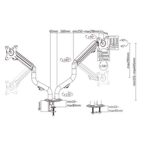 Gembird MA-DA2-02 Biurkowe ramię na dwa monitory (regulowane), od 17" do 32", obciążenie do 8kg