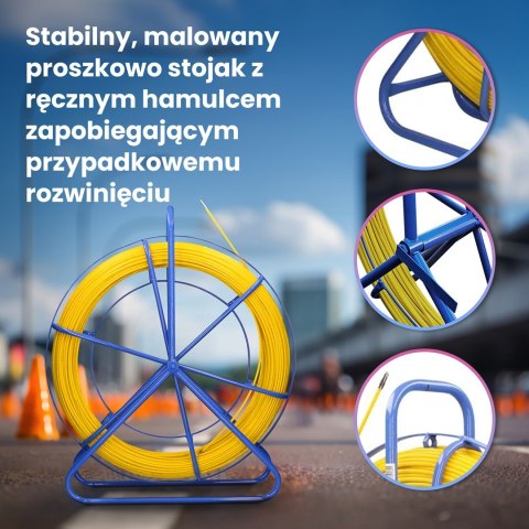 WŁÓKNO SZKLANE DO PRZECIĄGANIA KABLI 4,5mm / 75m (PILOT / STALKA) PE + STOJAK