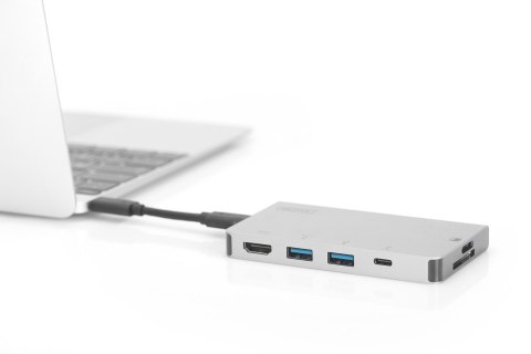 Stacja dokująca podróżna USB Typ C, 6 portów 4K, HDMI, VGA, USB, RJ45, microSD, SD/MMC, srebrna
