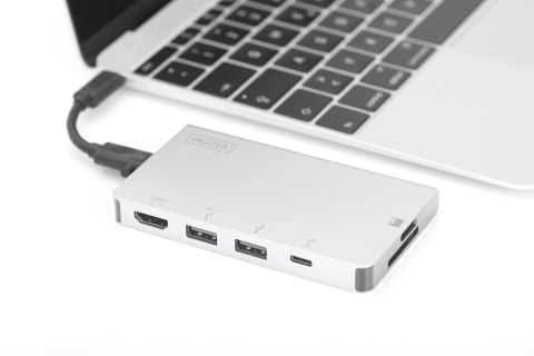 Stacja dokująca podróżna USB Typ C, 6 portów 4K, HDMI, VGA, USB, RJ45, microSD, SD/MMC, srebrna