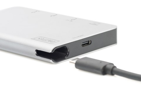 Stacja dokująca podróżna USB Typ C, 6 portów 4K, HDMI, VGA, USB, RJ45, microSD, SD/MMC, srebrna