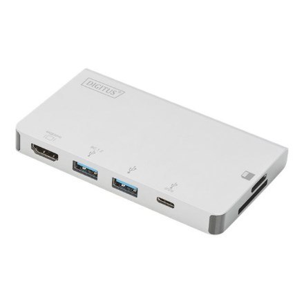 Stacja dokująca podróżna USB Typ C, 6 portów 4K, HDMI, VGA, USB, RJ45, microSD, SD/MMC, srebrna