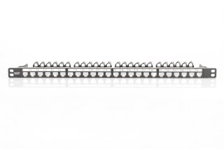 Panel krosowy high density 19" 24x keystone, ekranowany, 0.5U, czarny, prowadnica kabli, pola opisowe