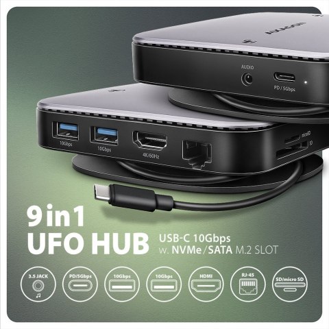 AXAGON HMC-UFO USB-C Hub, M.2 SATA/NVMe, 1 Gbit/s Ethernet, 384 kHz Audio - schwarz/silber