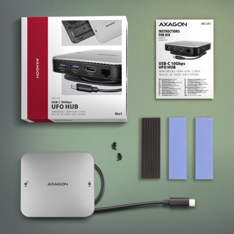 AXAGON HMC-UFO USB-C Hub, M.2 SATA/NVMe, 1 Gbit/s Ethernet, 384 kHz Audio - schwarz/silber