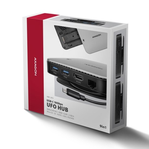 AXAGON HMC-UFO USB-C Hub, M.2 SATA/NVMe, 1 Gbit/s Ethernet, 384 kHz Audio - schwarz/silber