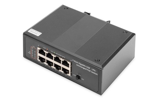 Switch przemysłowy 7-portowy Gigabit PoE+ z 1x PD, IEEE802.3af/at, DIN rail, rozszerzony zakres temp.