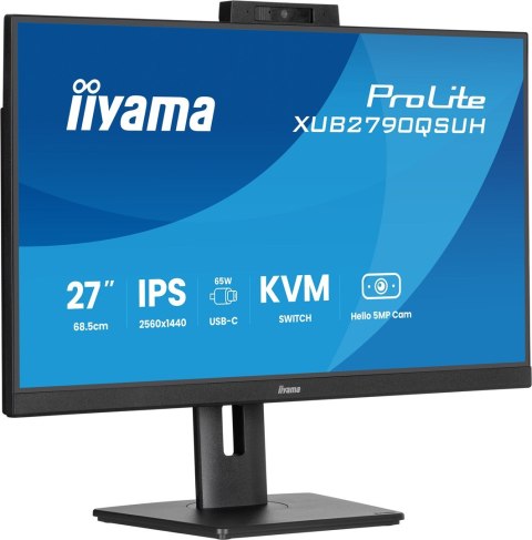 Monitor iiyama XUB2790QSUH-B2 27" IPS-panel 2560x1440 100Hz Windows Hello Kamera 5MP Auto Focus 15cm regulacja wysokości stojaka