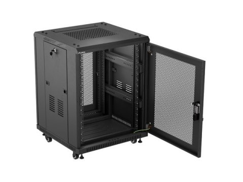 Szafa instalacyjna RACK stojąca 19" 15U 600x600 czarna drzwi perforowane Lanberg (flat pack)
