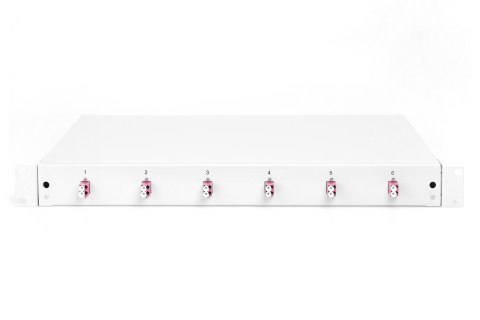 Panel krosowy FO z wyposażeniem 19'' 1U, 6x LC dx,OM4, pigtaile, adaptery, tacki, wysuwany, szary