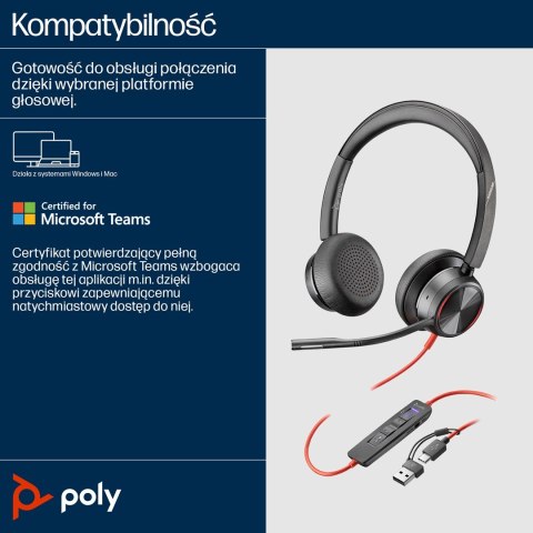 Przewodowe słuchawki HP Poly Blackwire 8225 USB-C/A