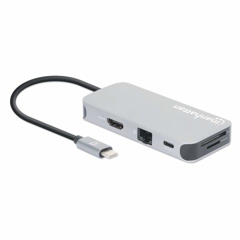 Stacja dokująca MANHATTAN USB-C 8 w 1 z zasilaniem USB 3.2 Gen 1 Type-C męski na żeński HDMI, trzy porty USB-A, gigabitowy port 