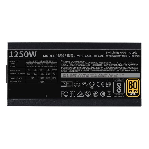 Chłodnica Master MWE Gold 1250 V2 ATX 3.1, 1250 W, 100 - 240 V, 50/60 Hz, 15 - 7 A, Aktywna, 120 W