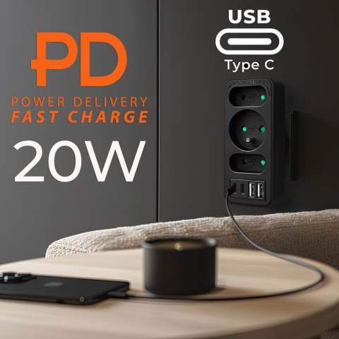 MACLEAN GNIAZDKO PRĄDOWE X3 + 4XUSB, ROZGAŁĘŹNIK Z 3 GNIAZDAMI, 2XUSB A, 2XUSB C PD 20W, 1X16A + 2X6A MCE248 F/B