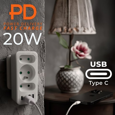 MACLEAN GNIAZDKO PRĄDOWE X3 + 4XUSB, ROZGAŁĘŹNIK Z 3 GNIAZDAMI, 2XUSB A, 2XUSB C PD 20W, 1X16A + 2X6A MCE248 F/W