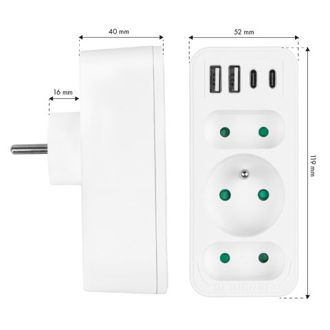 MACLEAN GNIAZDKO PRĄDOWE X3 + 4XUSB, ROZGAŁĘŹNIK Z 3 GNIAZDAMI, 2XUSB A, 2XUSB C PD 20W, 1X16A + 2X6A MCE248 F/W