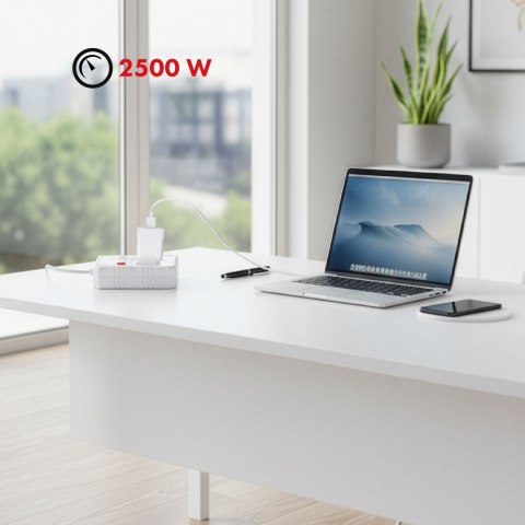 MACLEAN LISTWA ZASILAJĄCA, PRZEDŁUŻACZ 2 GNIAZDA + 3XUSB, 110-240V AC 50/60HZ, 2.1A MAX 2500W, 3 M, BIAŁA MCE388 W