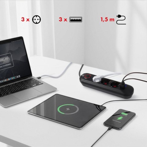 MACLEAN LISTWA ZASILAJĄCA, PRZEDŁUŻACZ 3 GNIAZDA + 3XUSB, 110-240V AC 50/60HZ, 2.1A MAX 2500W, 1,5M, CZARNA MCE394 B