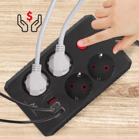 MACLEAN LISTWA ZASILAJĄCA, PRZEDŁUŻACZ 4 GNIAZDA + 3XUSB, 110-240V AC 50/60HZ, 2.1A MAX 2500W, 1,5M, CZARNA MCE392 B