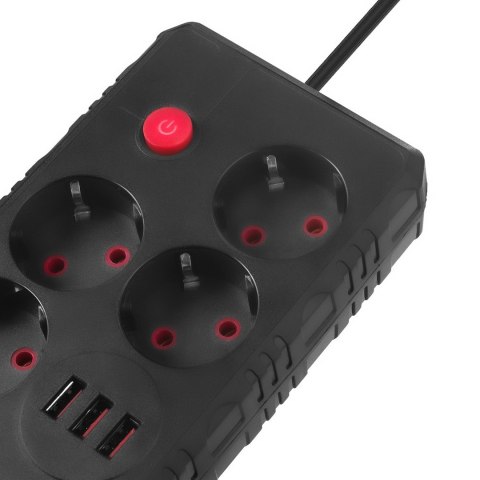 MACLEAN LISTWA ZASILAJĄCA, PRZEDŁUŻACZ 4 GNIAZDA + 3XUSB, 110-240V AC 50/60HZ, 2.1A MAX 2500W, 3M, CZARNA, MCE393 B