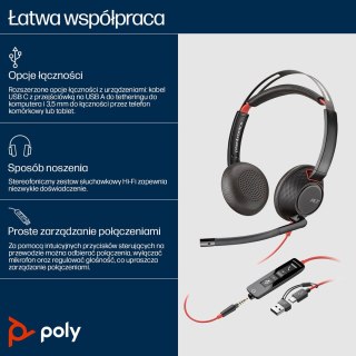 Słuchawki Poly Blackwire 5220 Stereo USB-C Headset +3.5mm Plug +USB-C/A Adapter 8X231AA
